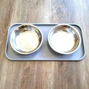 Double Cat/Dog Water/Food Bowls Detachable Blue Rubber Base W Steel Bowls